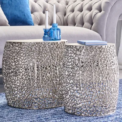 Produktbild von riess-ambiente 2er Set filigraner Design Couchtisch ABSTRACT LEAF antik silber rund Beistelltisch Tisch