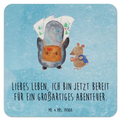 Produktbild von Mr. & Mrs. Panda Tischuntersetzer Pinguin & Maus Wanderer 25er Set - Eisblau - Geschenk, Wandern, bieruntersetzer, Pappuntersetzer, Pinguine, Roadtrip, Tassenuntersetzer