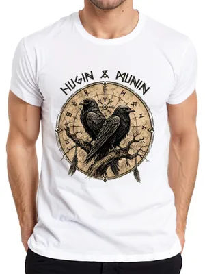 Produktbild von Wikinger Raben Odin Huginn Muninn Vegvisir Nordische Mythologie Herren T-Shirt, Weiß, 3XL