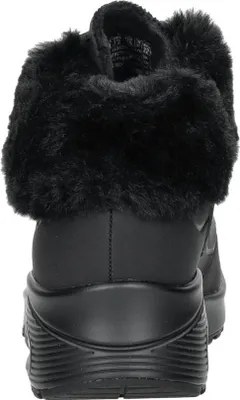 Back view of a black winter boot with faux fur trim.