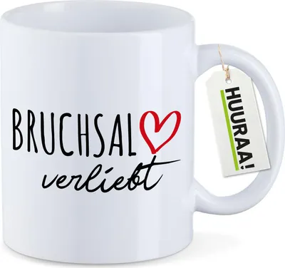 Produktbild von Huuraa Kaffeetasse Bruchsal verliebt 330ml Weiß Keramik Kaffeebecher Geschenkidee