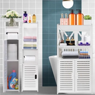 Produktbild von Schmaler Badezimmerschrank mit Doppeltür, Aufbewahrungseinheit, Wasserdicht, Freistehend, Mehrzweck, Weiß