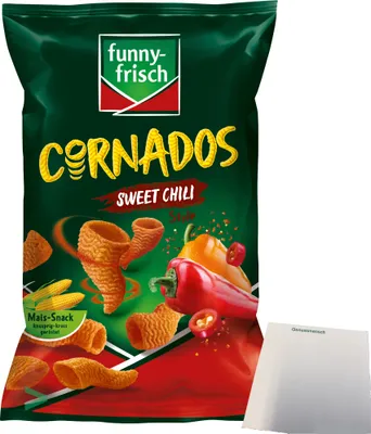 Produktbild von Funny Frisch Cornados Sweet Chili knuspriger Mais-Snack (80g Tüte) + usy Block