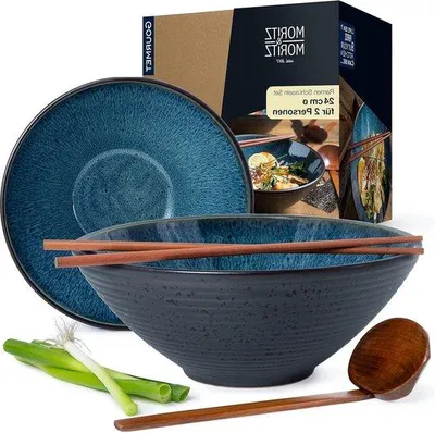 Immagine prodotto di Set di ciotole in Vetroceramica per ramen per 2 persone - 500 ml - Ø 24 cm - Blu - Ciotole per zuppa e sushi - Cucchiai e bacchette inclusi