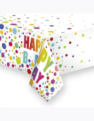 Zdjęcie produktu dla Obrus papierowy z motywem kropek „Happy Birthday” 120 x 180 cm