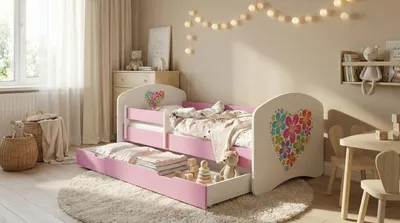 Immagine prodotto di Letto per bambini Happy Babies - con materasso e cassetto e protezione anticaduta, 70x140, letti per bambini e ragazzi per bambine, letto per bambini e ragazzi per bambini