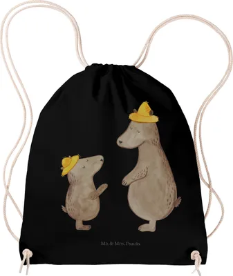 Produktbild von Mr. & Mrs. Panda Beutel Rucksack Bären mit Hut - Schwarz - Geschenk, Bär, Familie, baumwolle, gymnastiktasche, Vatertag, gym, Vorbild, Muttertag, Jutebeutel, wander
