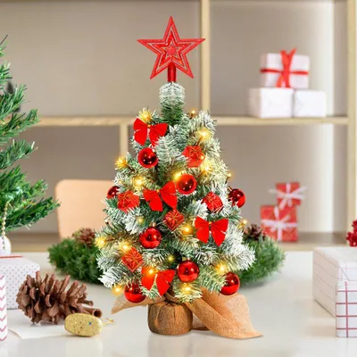Produktbild von Jayseuw 40cm Mini Weihnachtsbaum mit 30 warmweiß LEDs, 8 Licht Modi, mit roter Deko, mit Stern-Baumspitze, Batterie betrieben, für Weihnachten, Rot