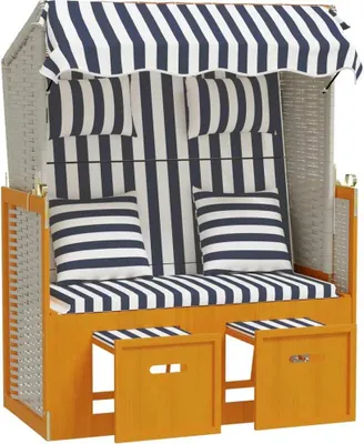 Produktbild von vidaXL Strandkorb mit Kissen Poly Rattan & Massivholz Weiß & Blau