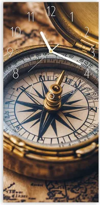 Produktbild von Wanduhr aus Glas mit Motiv Kompass auf Karte- 30 x 60 cm - inkl. Aufhängesystem