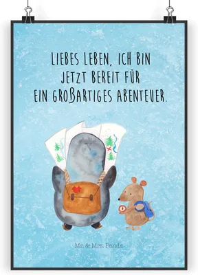 Produktbild von Mr. & Mrs. Panda Bild Pinguin & Maus Wanderer DIN A3 - Eisblau - Geschenk, Plakat, wanddeko, Abenteuer, Kunstdruck, Wanderlust, wandkunst, Wandern, drucke, Ausflug
