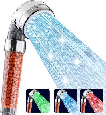 Produktbild von LED-Duschkopf, Hochdruck-Handbrause mit 7 Farbwechsellichtern, wassersparender Filterduschkopf für trockene Haut und Haare