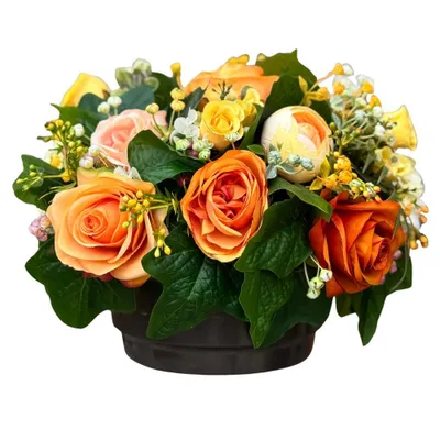 Produktbild von Grabgesteck Kunstblumen mit künstlichen Rosen in Apricot Herbstorange | 30x20cm groß | runder Topf mit Betonboden stabil | täuschend echt Handmade