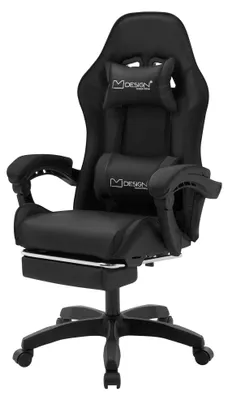 Obrázok produktu pre Herná stolička, ergonomická kancelárska stolička – čierna, umelá koža – nosnosť 200 kg – s podnožkou