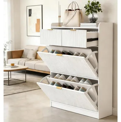 Image de Armoire à chaussures avec 2 portes et 2 tiroirs, design épuré, blanche, dimensions : 80 x 24 x 110 cm