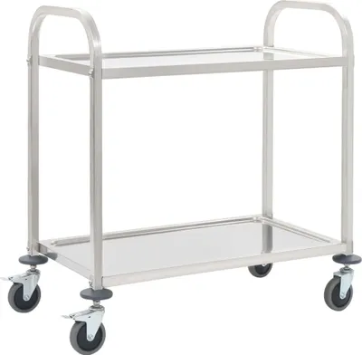 A stainless steel two-tier serving cart with wheels against a white background.