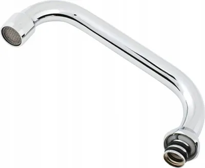 A chrome faucet spout on a white background.