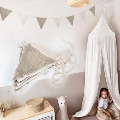 Image de Guirlande de fanions blanc & beige clair sans application dorée - guirlande en tissu 3 m
