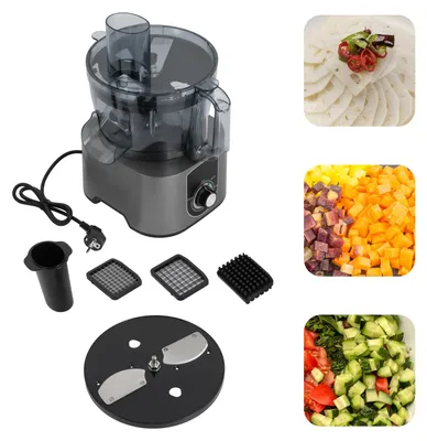 A food processor with accessories and examples of chopped vegetables.
