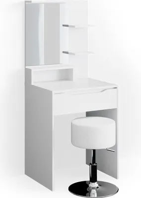 A white vanity table with a mirror and shelves, accompanied by a white stool, set against a white background.