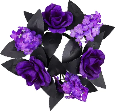 Produktbild von Halloween-Kerzenringe, Kranz, künstliche lila Rose, schwarze Blätter, Kerzenhalter-Kranz für Halloween-Tischdekoration
