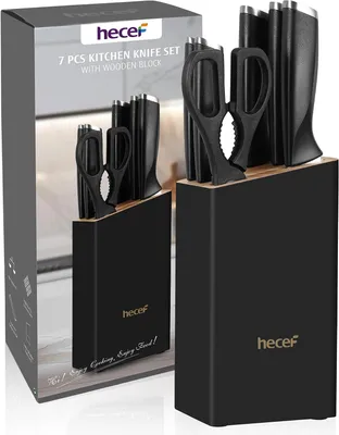 Immagine prodotto di Set di coltelli da cucina da 7 pezzi, con base portacoltelli, in acciaio inossidabile, colore nero