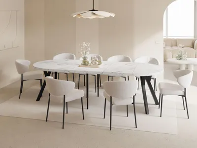 Produktbild von Esstisch Rund Groß XXL Ausziehbar im Loft-Stil – 100 bis 250 cm – Extra Lang Ausziehtisch mit Schwarzen Holzbeinen, Industrieller Tisch für 5-14 Personen – Esszimmertisch – Marmor Weiß