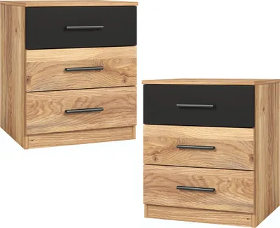 Produktbild von Schlafzimmer-Nachttisch 2er Set mit je 46 cm Breite in Eiche mit schwarz, mit 3 Schubladen - BIRMINGHAM-83