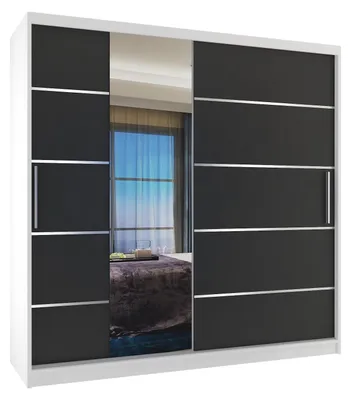 Image de BELINI Verona : Armoire coulissante de 200 cm, blanc/noir mat - Armoire avec miroir et 2 tiroirs, idéale pour la chambre