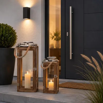 Produktbild von 2er XL Holz-Laternen-Set Windlicht Gartenlaterne Edelstahldach