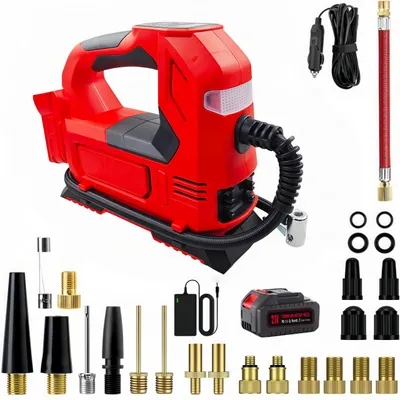 Produktbild von Akku-Kompressor, mit 21V Akku und Ladegerät, Elektrische Luftpumpe mit LED-Leuchte, Digitalem Manometer für Autos, Motorräder, Fahrräder, Bälle,Rot