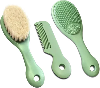 Immagine prodotto di Set da 3 pezzi per la cura dei capelli dei neonati e dei bambini piccoli: spazzola per capelli in pelo di capra, spazzola per il bagno in silicone e pettine per bambini