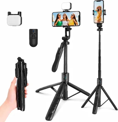 Produktbild von Selfie Stick Stativ mit Licht, 157 cm, 360 Grad drehbar, für Mobiltelefon