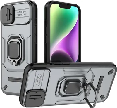 Obrázek produktu pro Pouzdro pro iPhone 15 dvouvrstvé pouzdro s posuvnou ochranou kamery a držákem prstenu, stojánek Šedá