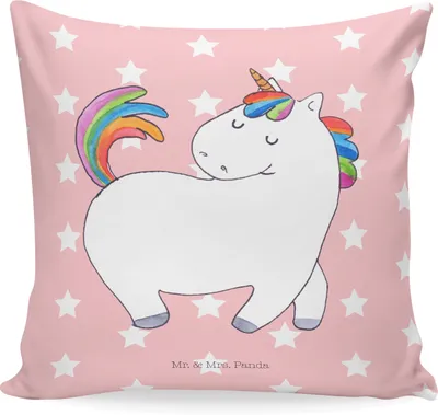 Produktbild von Mr. & Mrs. Panda Kissen 40x40 Einhorn Stolzieren - Rot Pastell - Geschenk, kuschelkissen, Dekokissen Sofa, Deko, Unicorn, Reiten, bedruckt, Pferd, Einhörner, Stolz