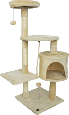 A beige cat tree with multiple levels, scratching posts, and a hideaway.