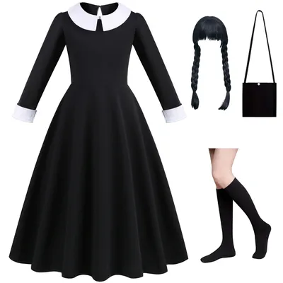 Wednesday Addams Kleid mit Perücke für Mädchen, Halloween, 3-12 Jahre