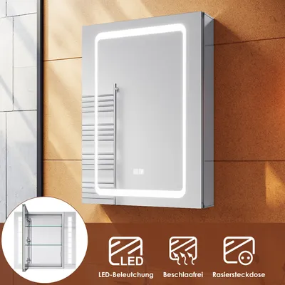 Produktbild von SONNI Aluminium LED Spiegelschrank mit Taktile-Schalter & Steckdose & Anti-Beschlag-Funktion 50x70x13.3cm