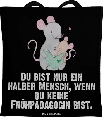 Produktbild von Mr. & Mrs. Panda Stoffbeutel Frühpädagogin Herz - Schwarz - Geschenk, Ausbildung, Studium, Witzig, Shopping Tasche, Lustig, Jutebeutel, Jutetasche, Spruch, Laptoptasche