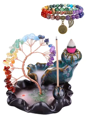 Immagine prodotto di Contenitore per incenso con sistema di ritorno delle fragranze, decorativo, con motivi che richiamano i chakra e l'albero della vita, realizzato in cristallo