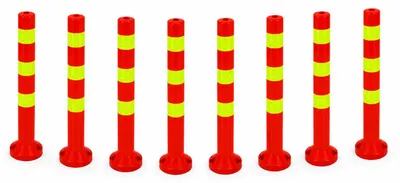 Obrázok produktu pre sada 8 - Zábranové stĺpiky [výška-68cm] - Reflexné plastové zábranové stĺpiky | Zábrana so základňou [upevnenie pomocou skrutiek] | Zábranové stĺpiky | Parkové stĺpiky farba červená | Vymedzovacie stĺpiky | Stĺpiky