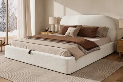 Productafbeelding van okwish Gestoffeerd bed 180x200 cm, tweepersoonsbed met opbergbox en opbergsysteem, bed voor jongeren met afgeronde hoeken aan het hoofdeinde en voeteneinde, bedframe met lattenbodem, beige (met matras)