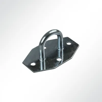 A metal eye bolt with a hexagonal mounting plate, isolated on a white background.