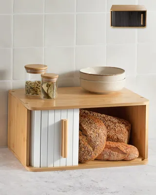 Produktbild von Praknu Brotkasten Groß aus  Holz mit Schiebetür - Brotaufbewahrung 40x28cm - Platzsparend und stilvolle Brotbox für längere Frische - Weiß