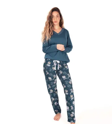 Produktbild von Damen-Pyjama aus Jersey mit Blumenmuster, langen Ärmeln, Schleife und Spitze (Grün) – XL