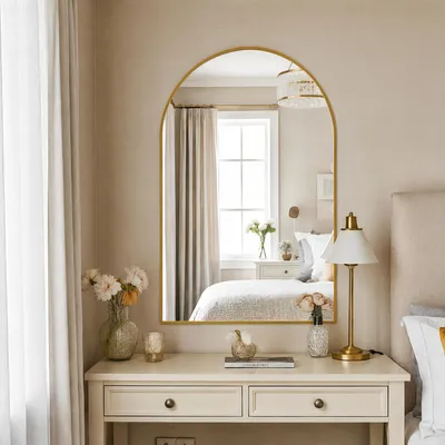 Produktbild von INONEFT Bogen Wandspiegel, 91x61cm Badezimmer Spiegel für Zimmer Deko, gewölbter ganzkörperspiegel,Gold