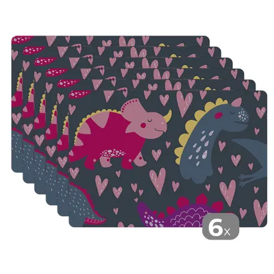 Obrázok produktu pre MuchoWow® Podložky Sada 6 podložiek Umývateľné podložky 30x45x0.3cm Dinosaurus - Dieťa - Vzory - Ružová - Dievčatá Podložka pod stôl Nekĺzavá a odolná