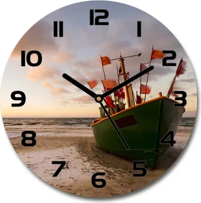 Produktbild von Wanduhr aus Glas 30fi Glasbild Glasuhr Gehärtetes Glas - schwarze-zeiger - Fishing boat beach