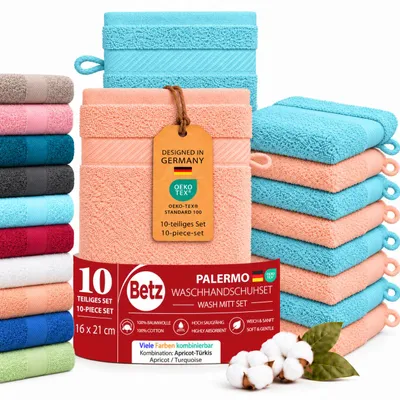 Produktbild von Betz 10 Stück Waschhandschuhe 16x21 cm PALERMO 100% Baumwolle Farbe: türkis / apricot