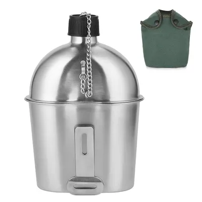 Zdjęcie produktu dla Zestaw 2 sztuk kubków wojskowych ze stali nierdzewnej o pojemności 1000 ml i 600 ml wraz z pokrowcem, przeznaczony do użytku na świeżym powietrzu, na kempingu, podczas wędrówek i w plecaku